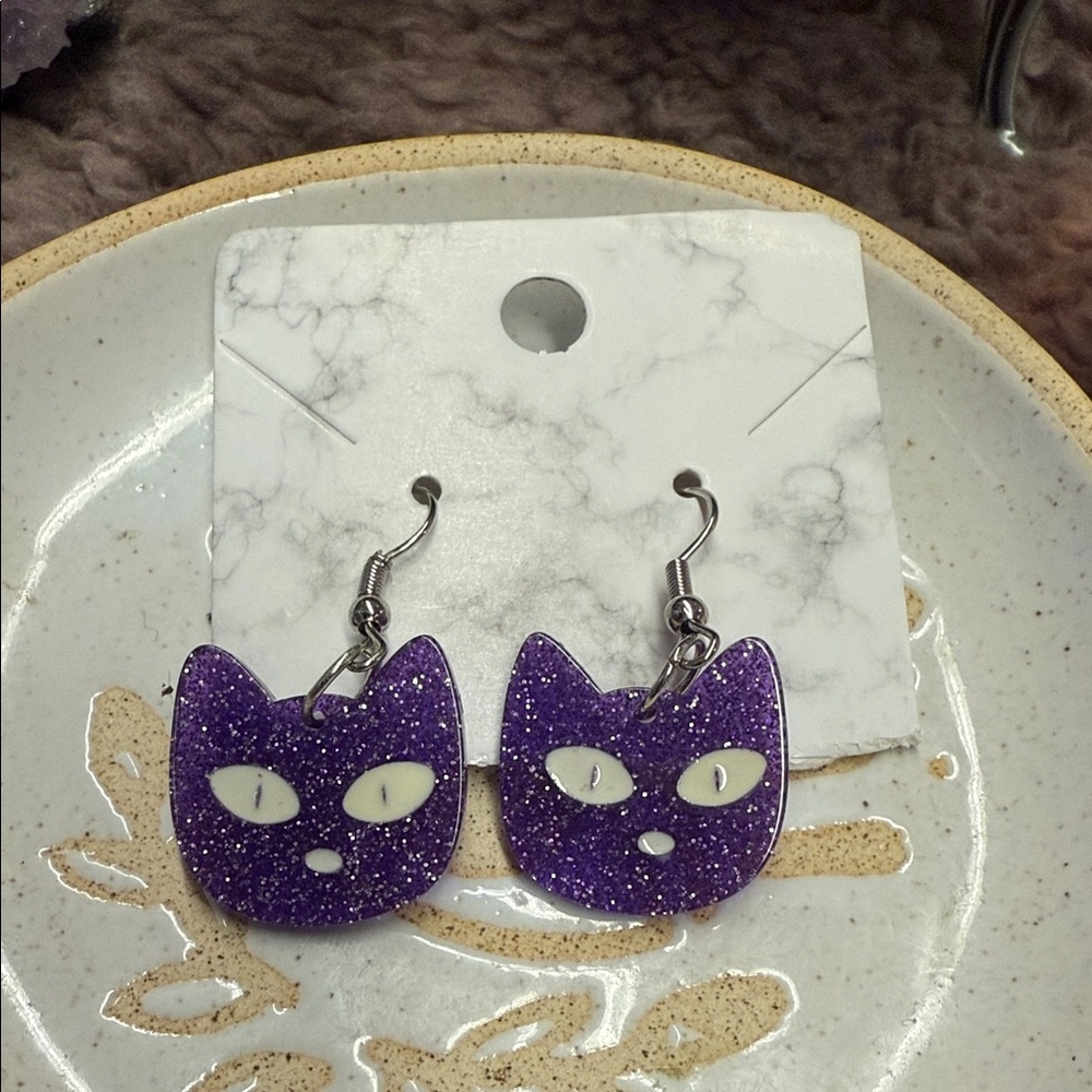 Purple Glitter Cat Earrings